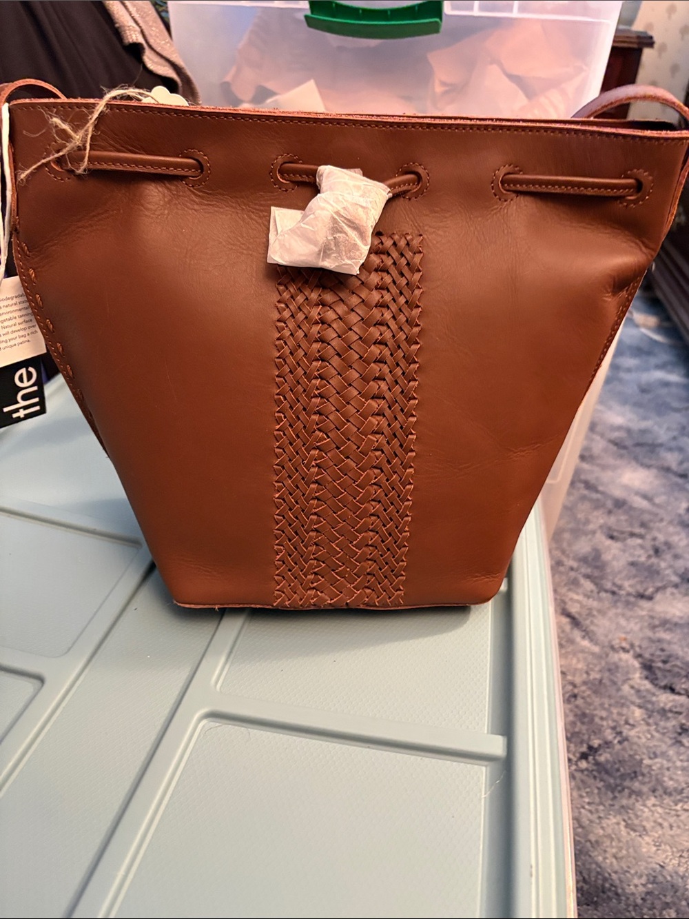 The Sak Brown Woven Leather Bucket Shoulder Bag